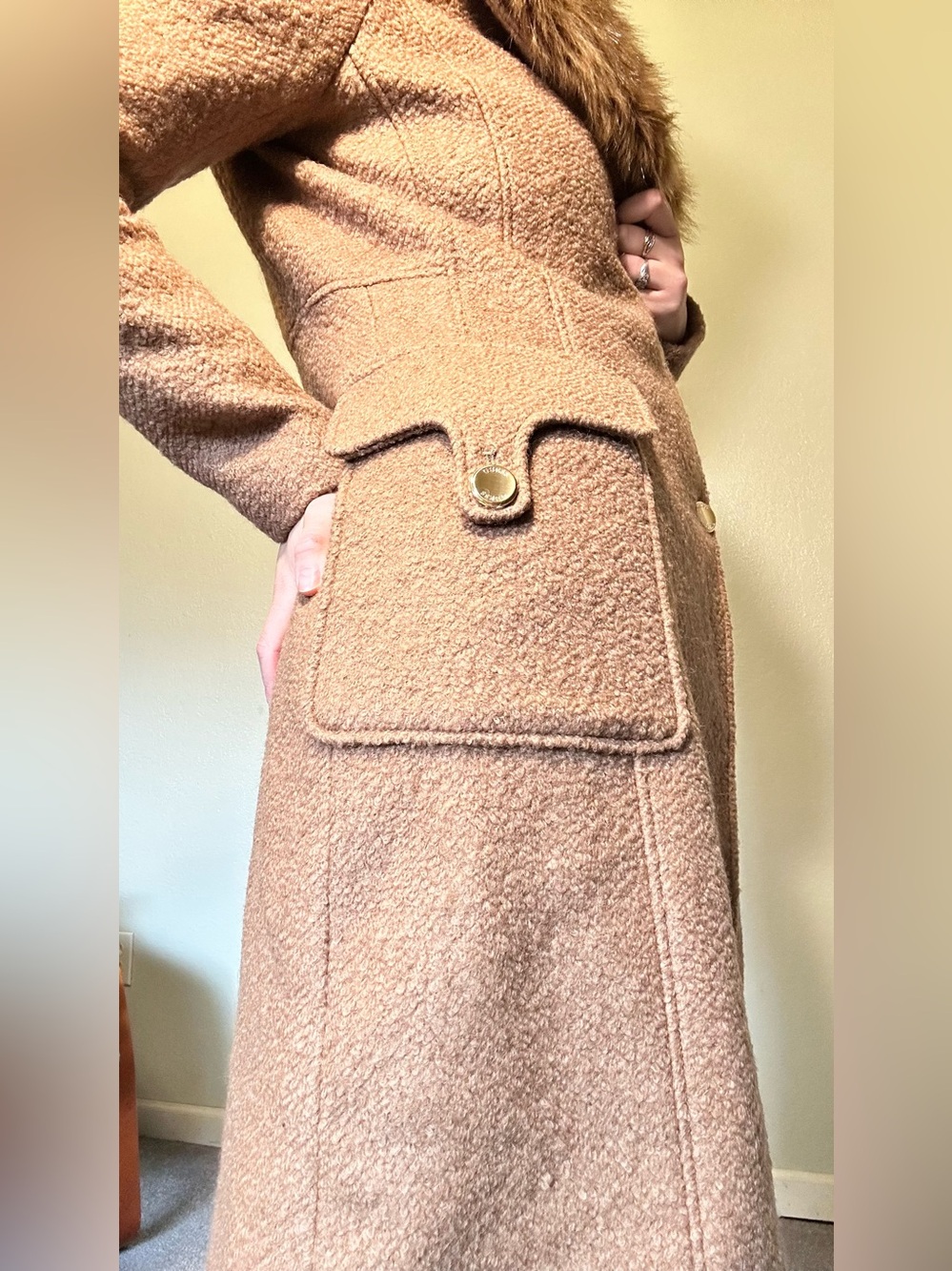 GUESS Long Brown Wool Trench Coat with Faux Fur Collar GUC M
